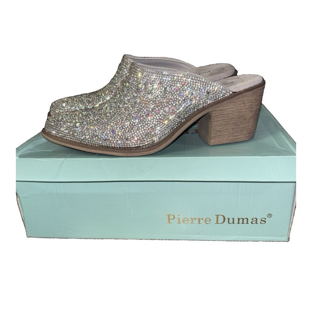NIB Pierre Dumas Brooke Silver Womens 7 Rhinestone Mules Chunky Block Heel Shoes
